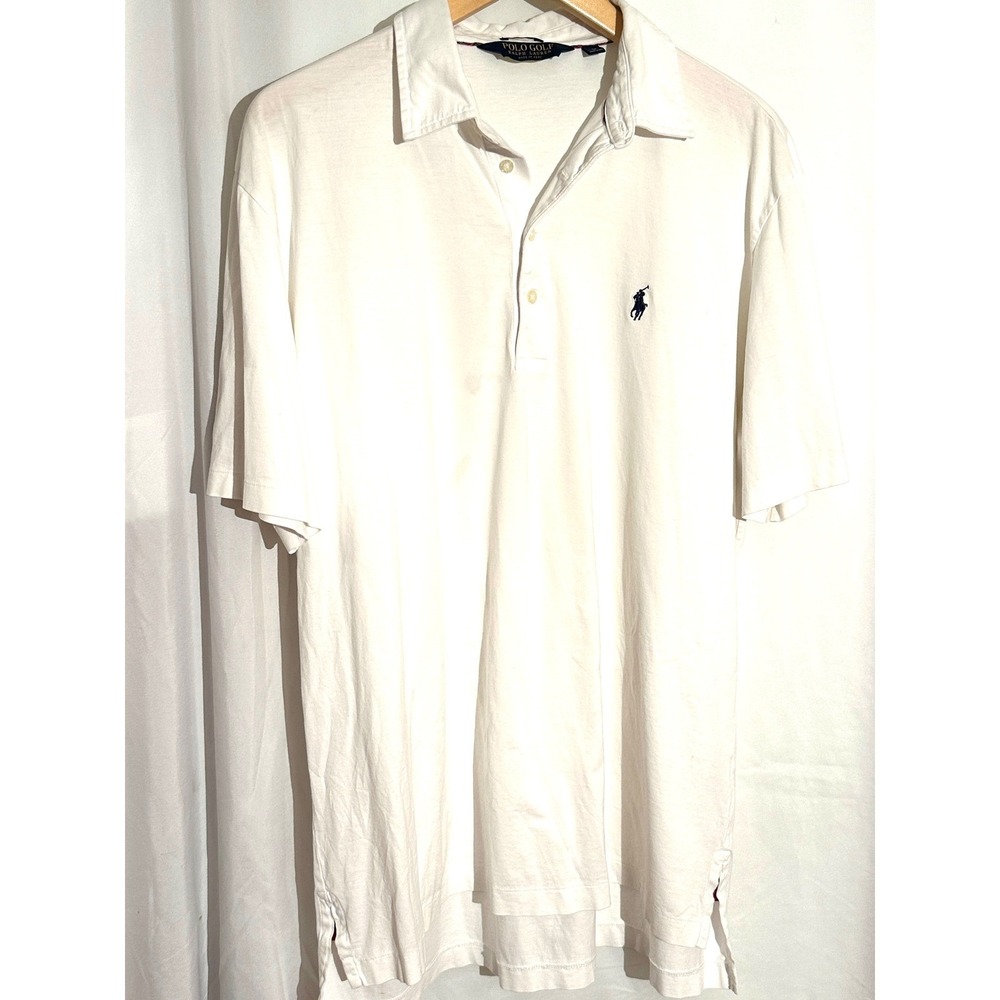 Polo Golf Ralph Lauren Mens White Pima Cotton Lisle Polo Shirt Large Logo Sleeve
